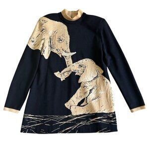 St. John Womens L Collection Black & Beige Elephant Intarsia Knit Tunic Sweater